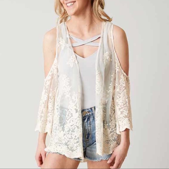 Eyeshadow Sweaters - Eyeshadow SZ M Cold Shoulder Lace Cardigan